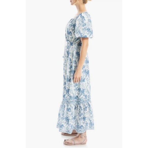 💕MAX STUDIO💕Bubble Sleeve Tiered Maxi Dress ~ Cream/Blue Bird Toile Large NWT - Picture 3 of 16